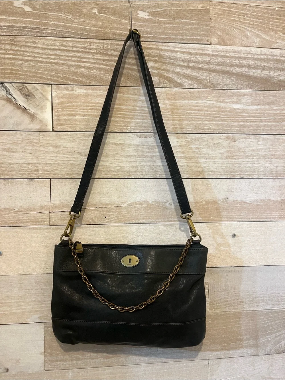 Fossil Green Leather Crossbody with Chain Detail - Picture 1 of 9